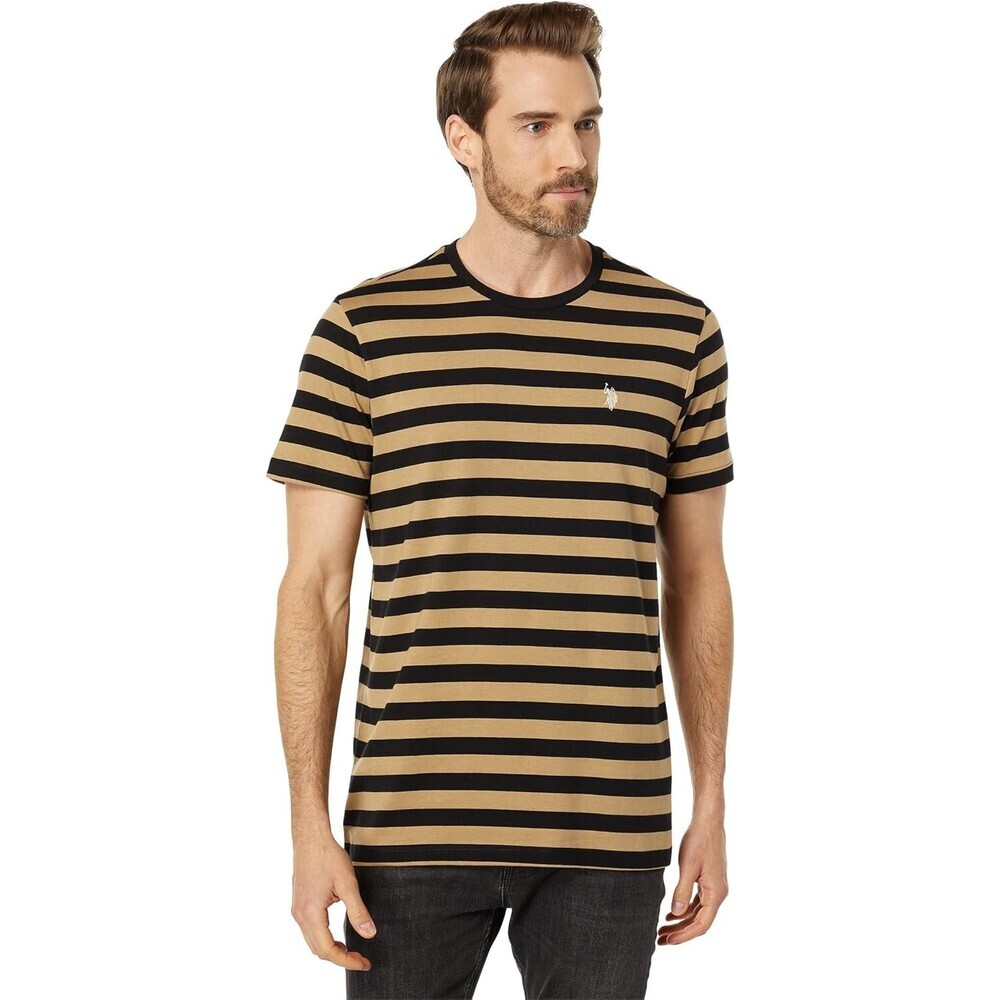 US Polo Assn. T-Shirt Men's M Khaki Black Striped Crew Neck Short Sleeve KFC326